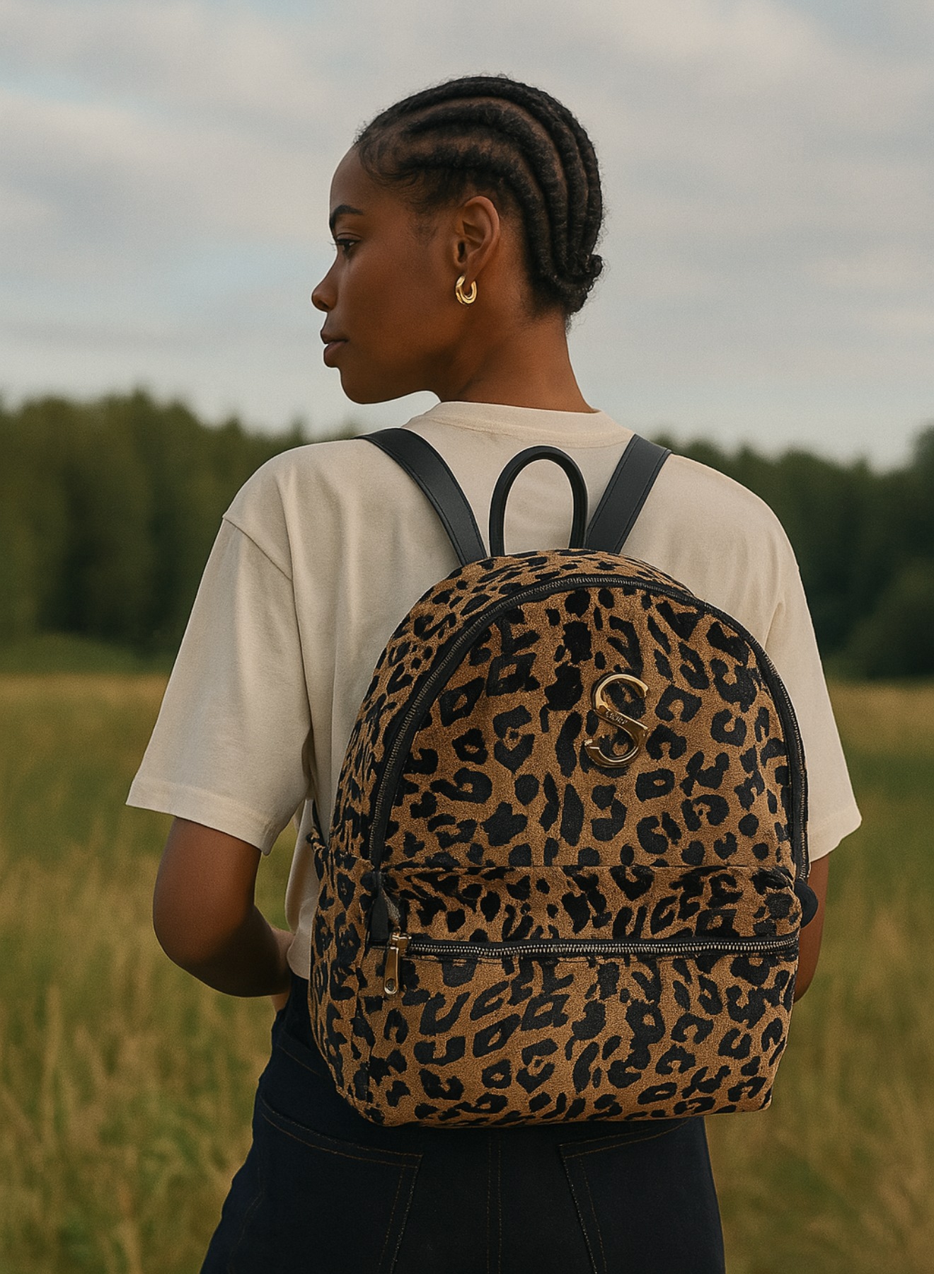 LEOPARD VELVET BROWN BACKPACK