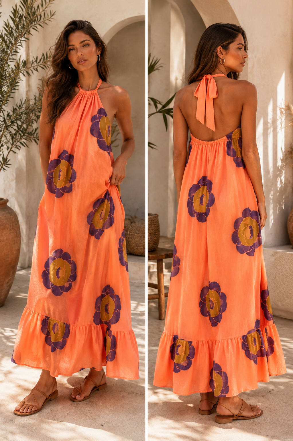Sunset Bloom Halter Maxi Dress