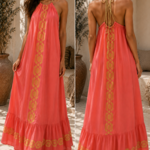 Coral Glow Halter Maxi Dress