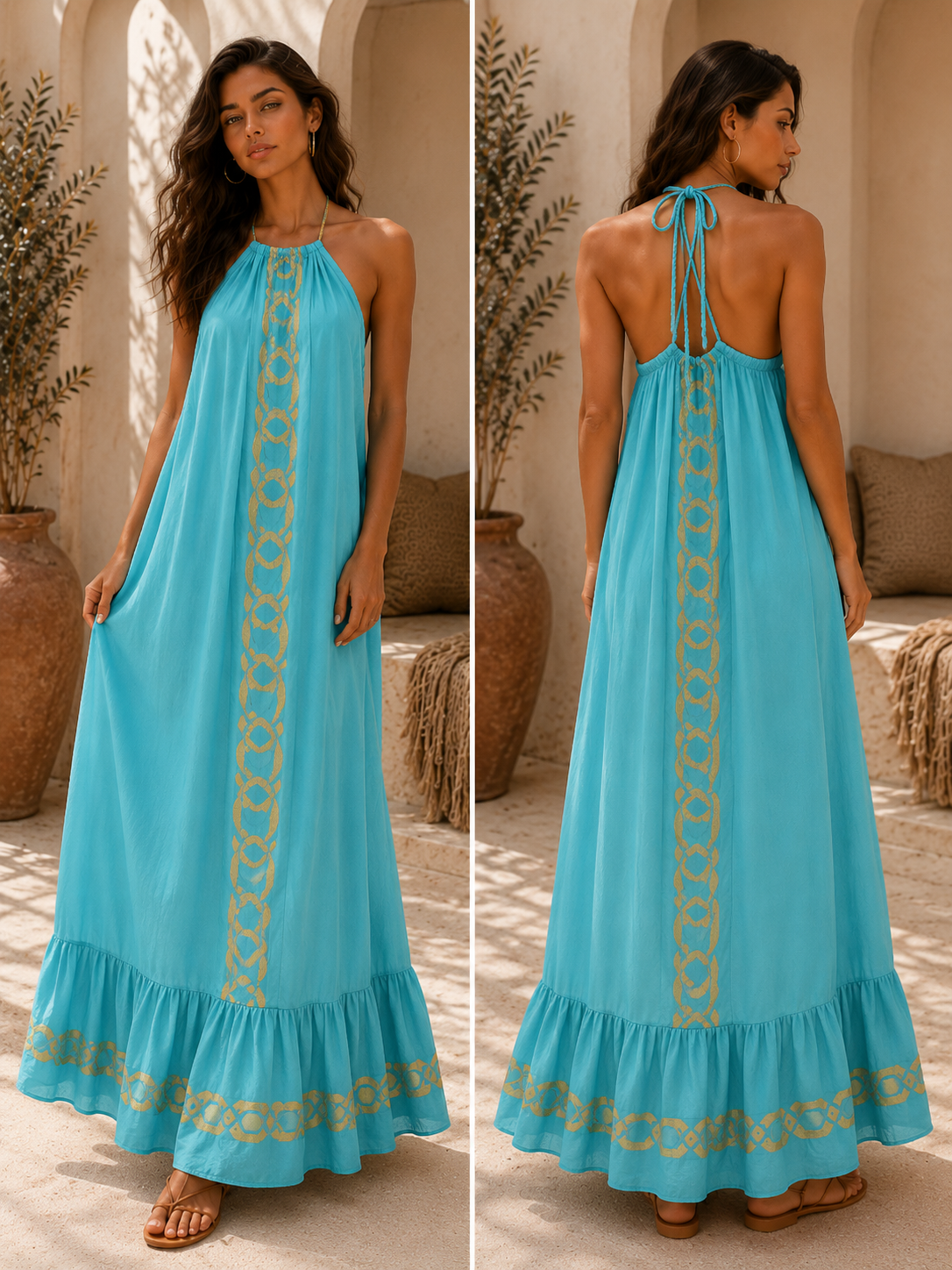Aegean Breeze Halter Maxi Dress